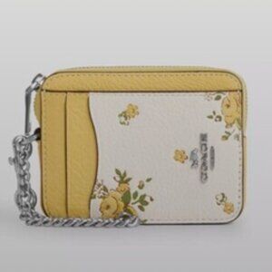 Coach Zip Card Case with Chain in Floral Print Silver/Chalk Pebble Leather NWT